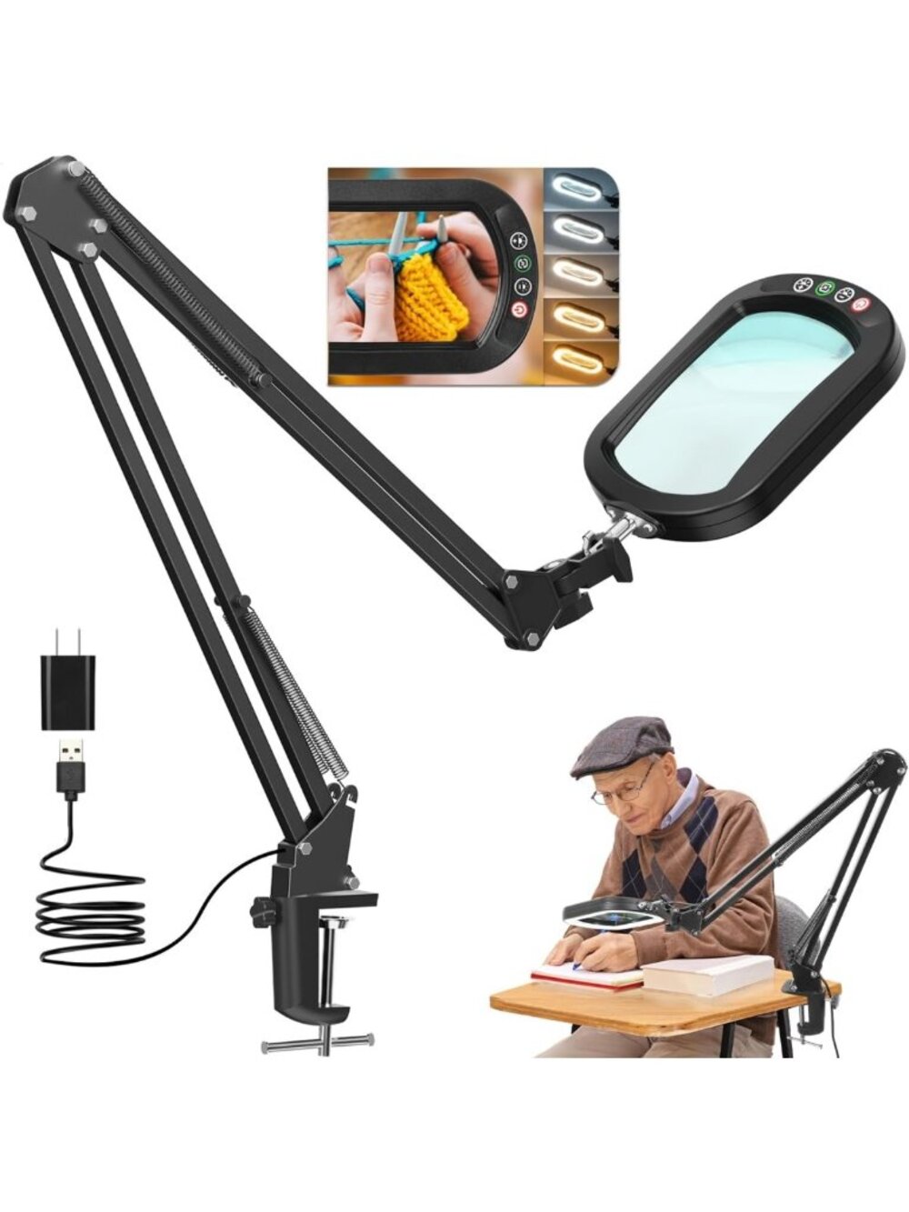 10X Large Lighted Magnifying Glass with Clamp & Stand, 5 Color Modes, Dimmable